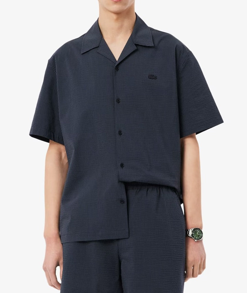 LACOSTE Camicia Uomo Seersucker Maniche Corte-Noir/Gris Fonce
