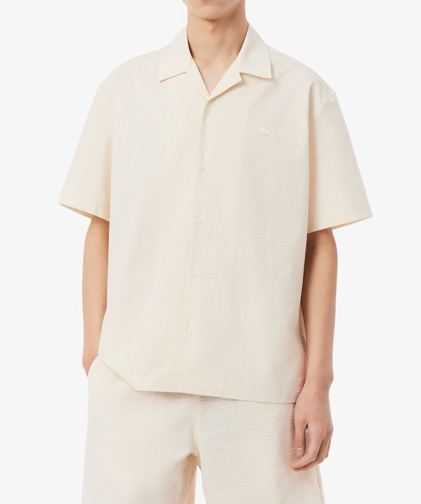 LACOSTE Camicia Uomo Seersucker Maniche Corte-Blanc/Beige