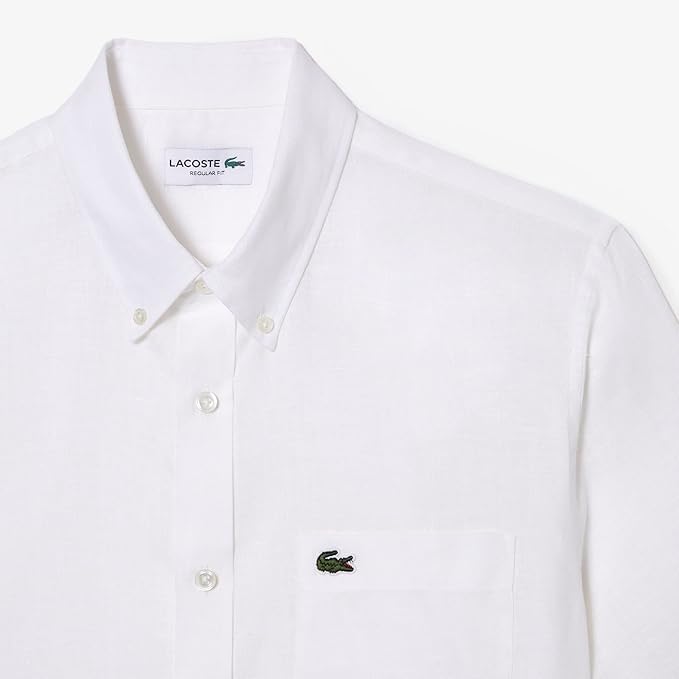 LACOSTE Camicia Uomo Lino Maniche Corte-Bianco