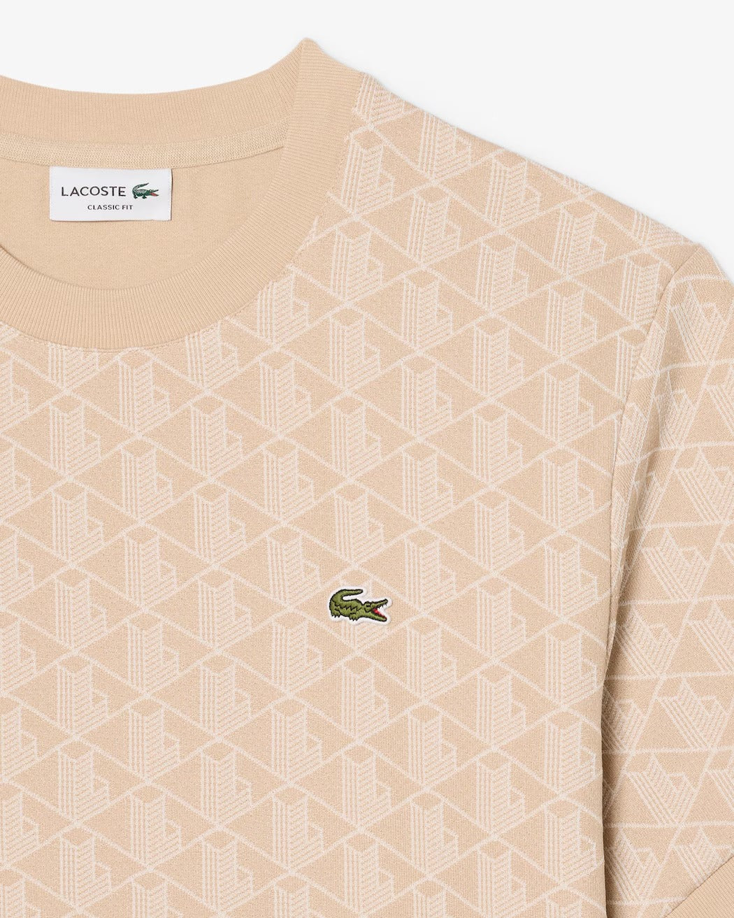 LACOSTE T-Shirt Uomo Jacquard Monogram-Beige/Blanc
