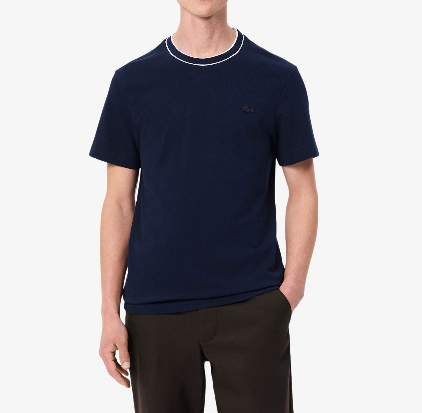 LACOSTE T-Shirt Uomo Colletto Righe-Blu Navy