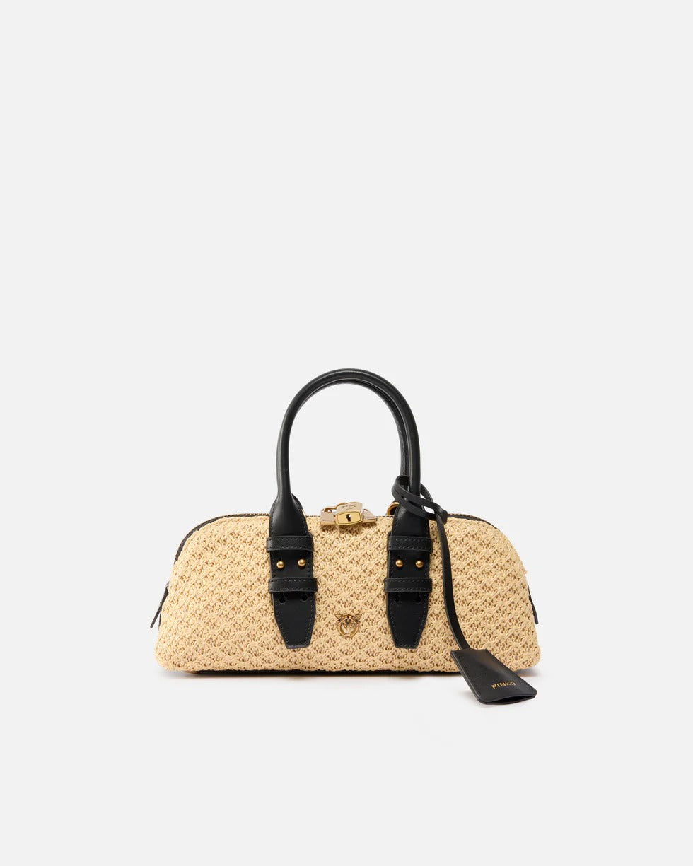 PINKO BORSA BOWLING ESCAPE HORIZONTAL RAFFIA-Beige