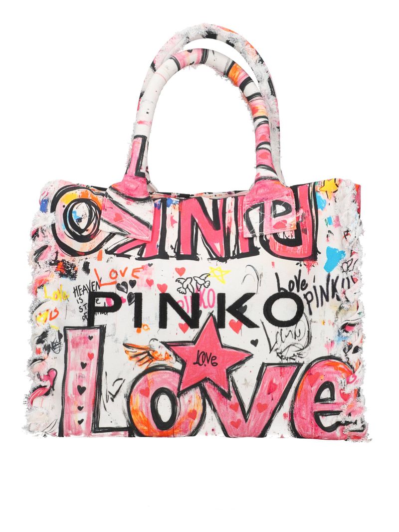 PINKO Borsa SHOPPER BEACH CANVAS-Bianco Multicolor