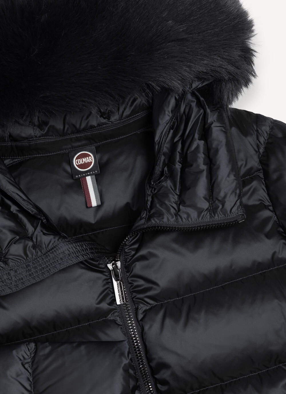 COLMAR Piumino Donna Collo Alto Cappuccio Ecopelliccia-Black