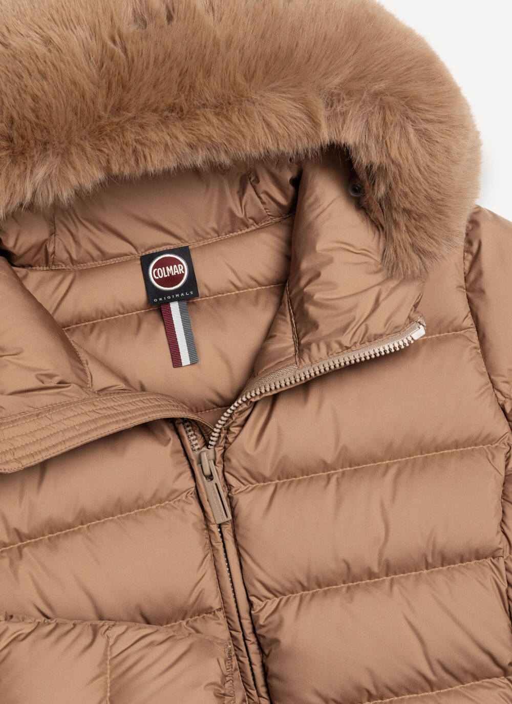 COLMAR Piumino Donna Opaco Cappuccio Ecopelliccia-Beige Marrakech