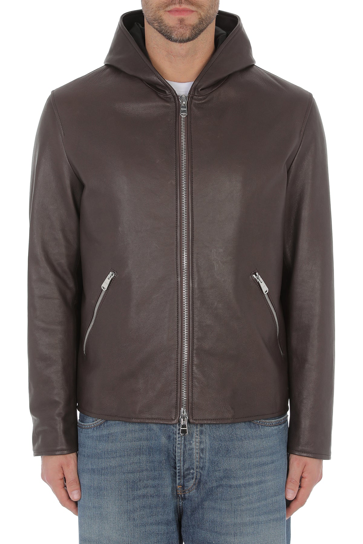 DONDUP Giacca Uomo Biker Pelle Cappuccio-Cioccolato
