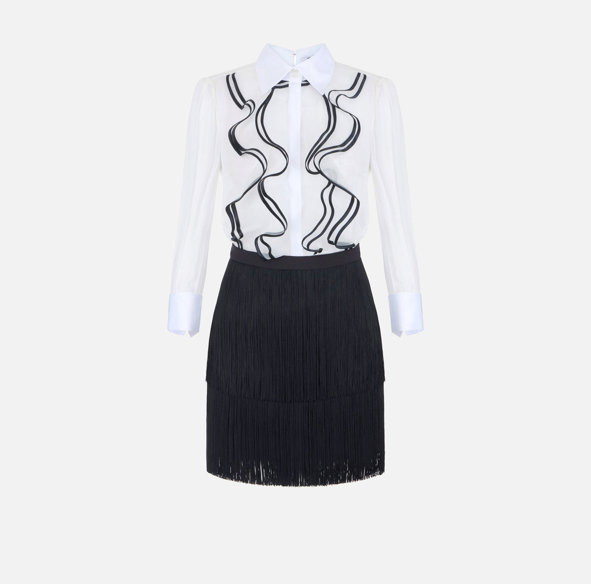 ELISABETTA FRANCHI Abito Corto Georgette Ruches Frange-Avorio/Nero