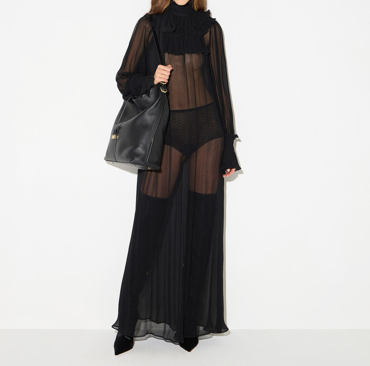 ELISABETTA FRANCHI ABITO Red Carpet Georgette Ruches-Nero