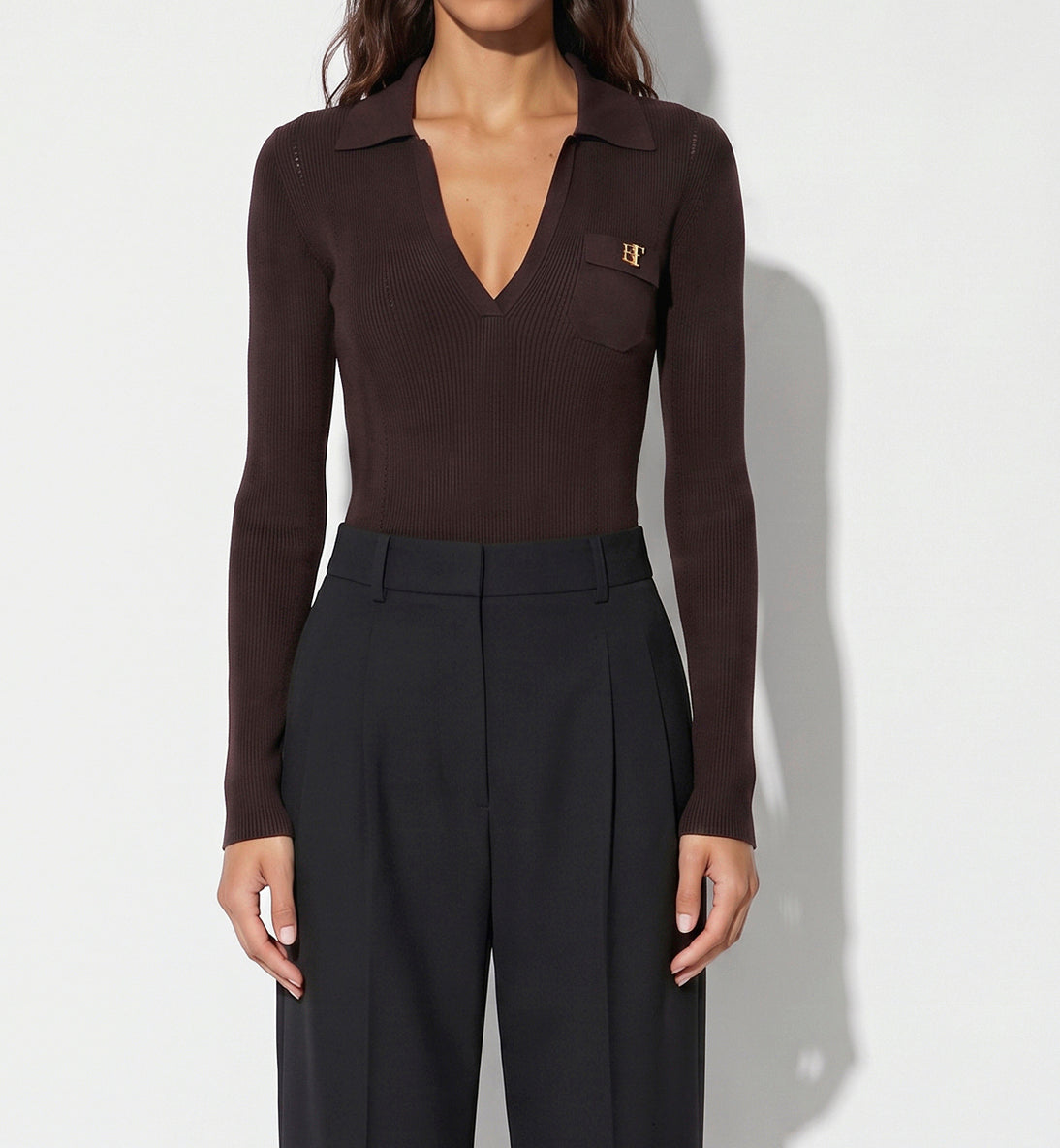 ELISABETTA FRANCHI Body Maglia Costine Ricami à Jour-Dark Choco