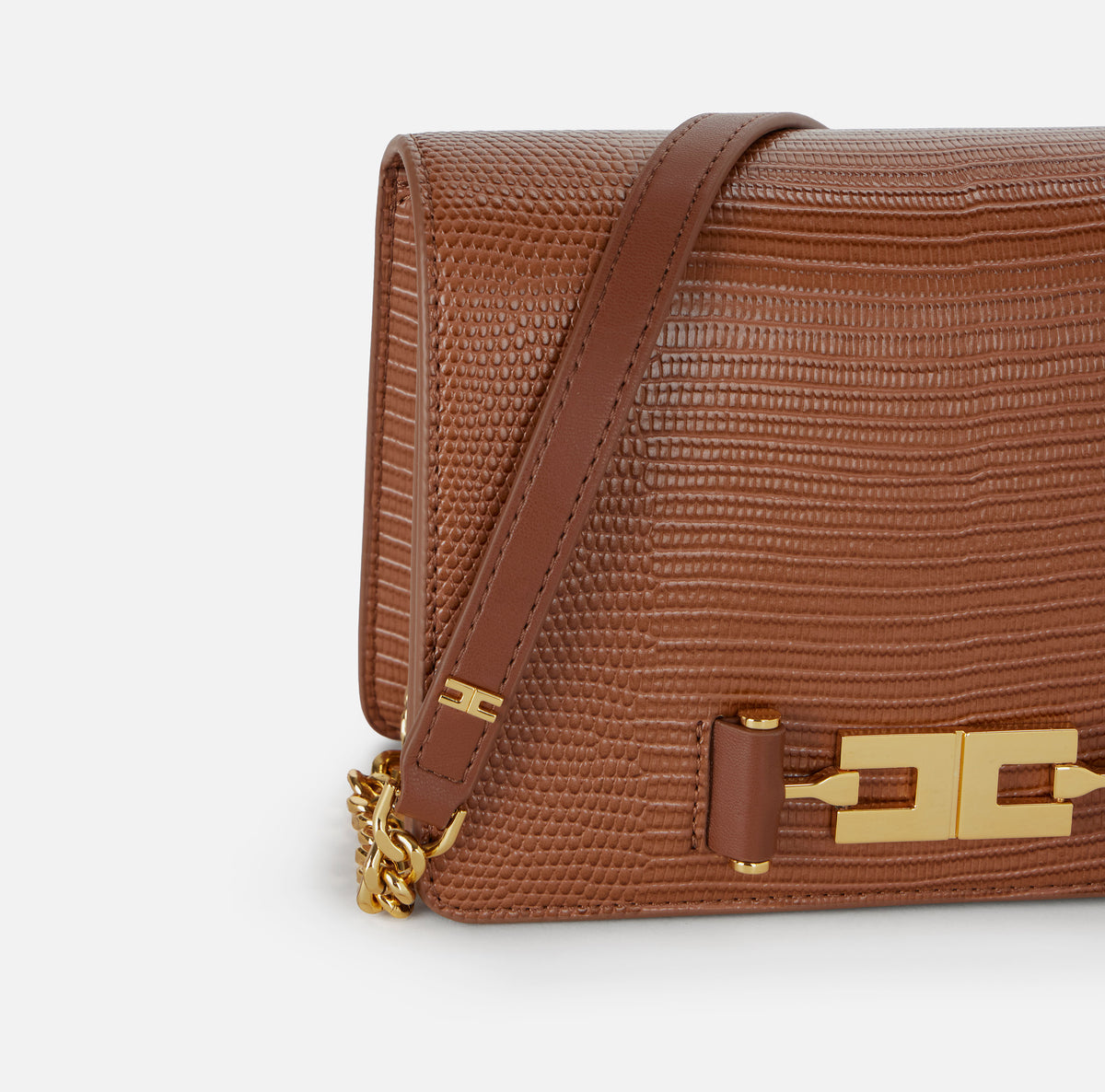 ELISABETTA FRANCHI Borsa Tracolla Ecopelle Logo Stampa Lucertola-Sigaro