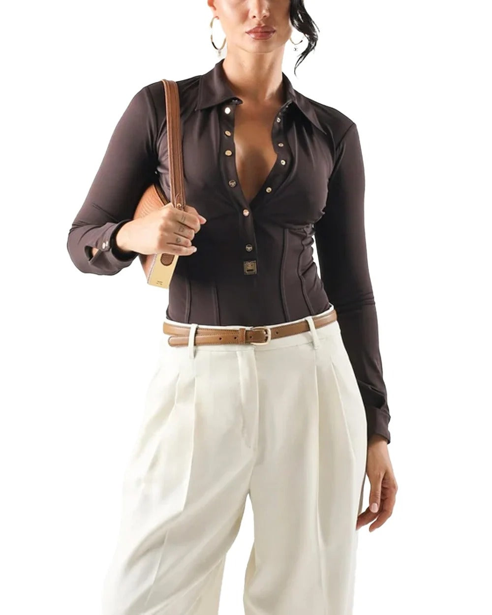 ELISABETTA FRANCHI CAMICIA A BODY Viscosa Stretch-Dark Chocolate