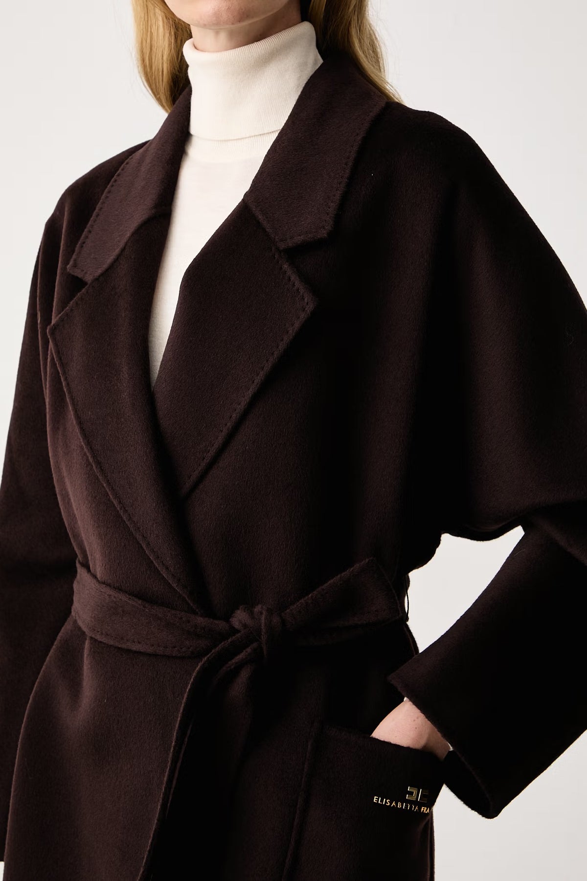 ELISABETTA FRANCHI Cappotto Panno double di Lana Vestaglia-Dark Chocolate