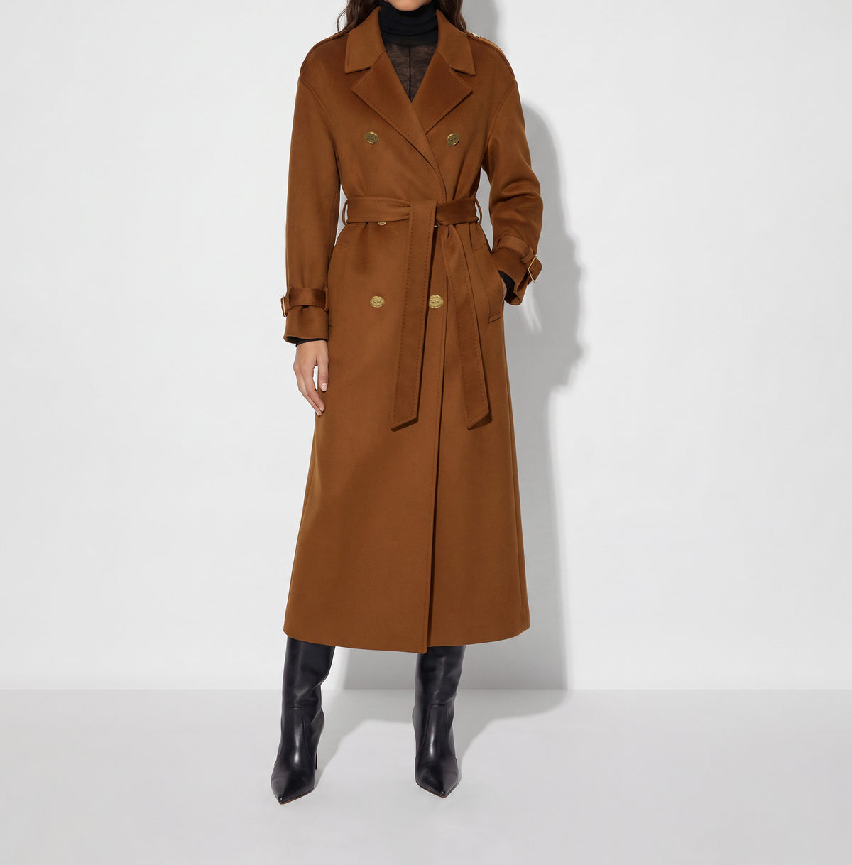 ELISABETTA FRANCHI Cappotto Lungo Panno Double di lana alamari-Sigaro