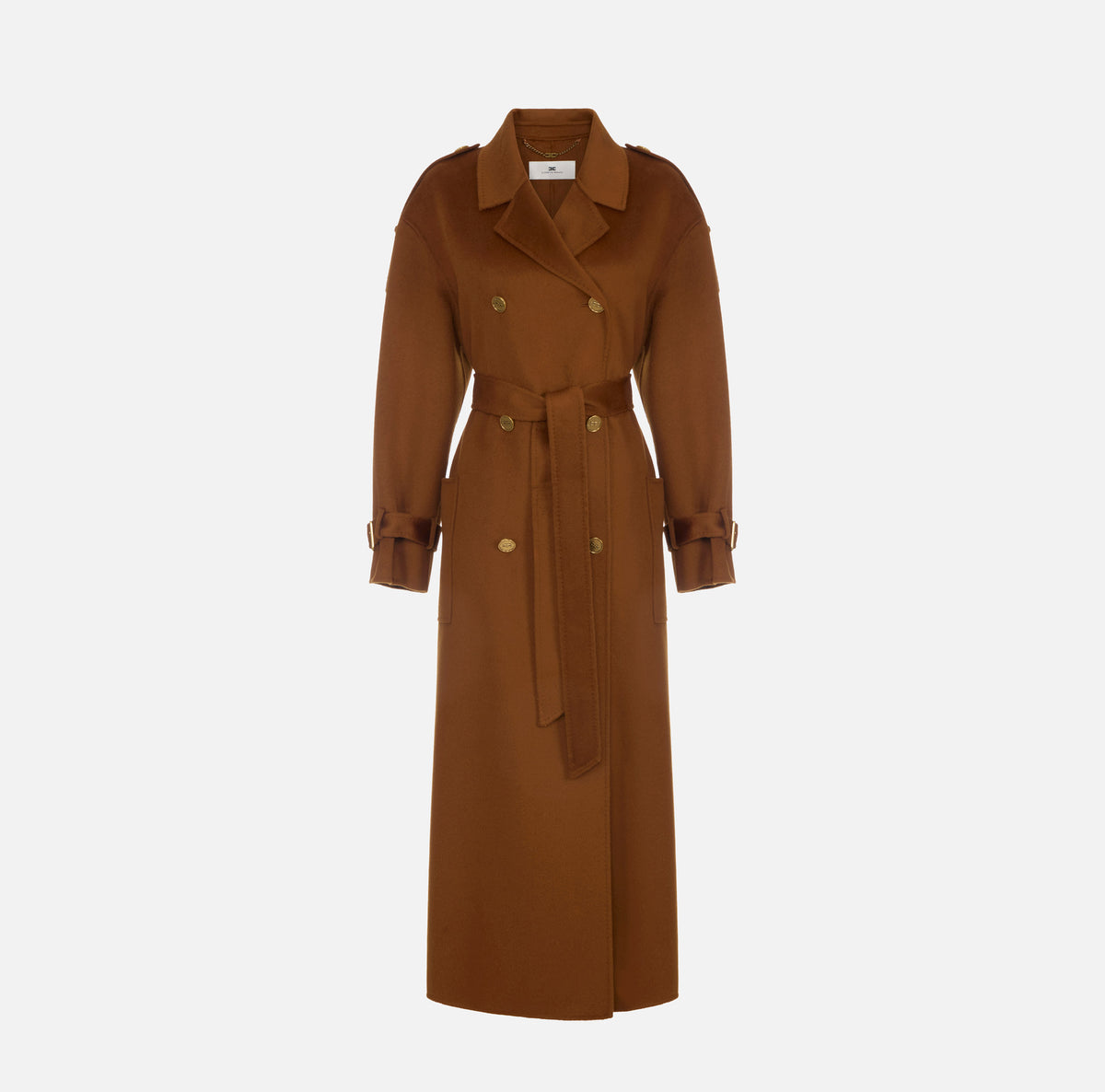 ELISABETTA FRANCHI Cappotto Lungo Panno Double di lana alamari-Sigaro