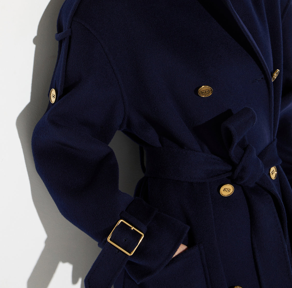 ELISABETTA FRANCHI Cappotto Lungo Panno Double di lana alamari-Blu Notte