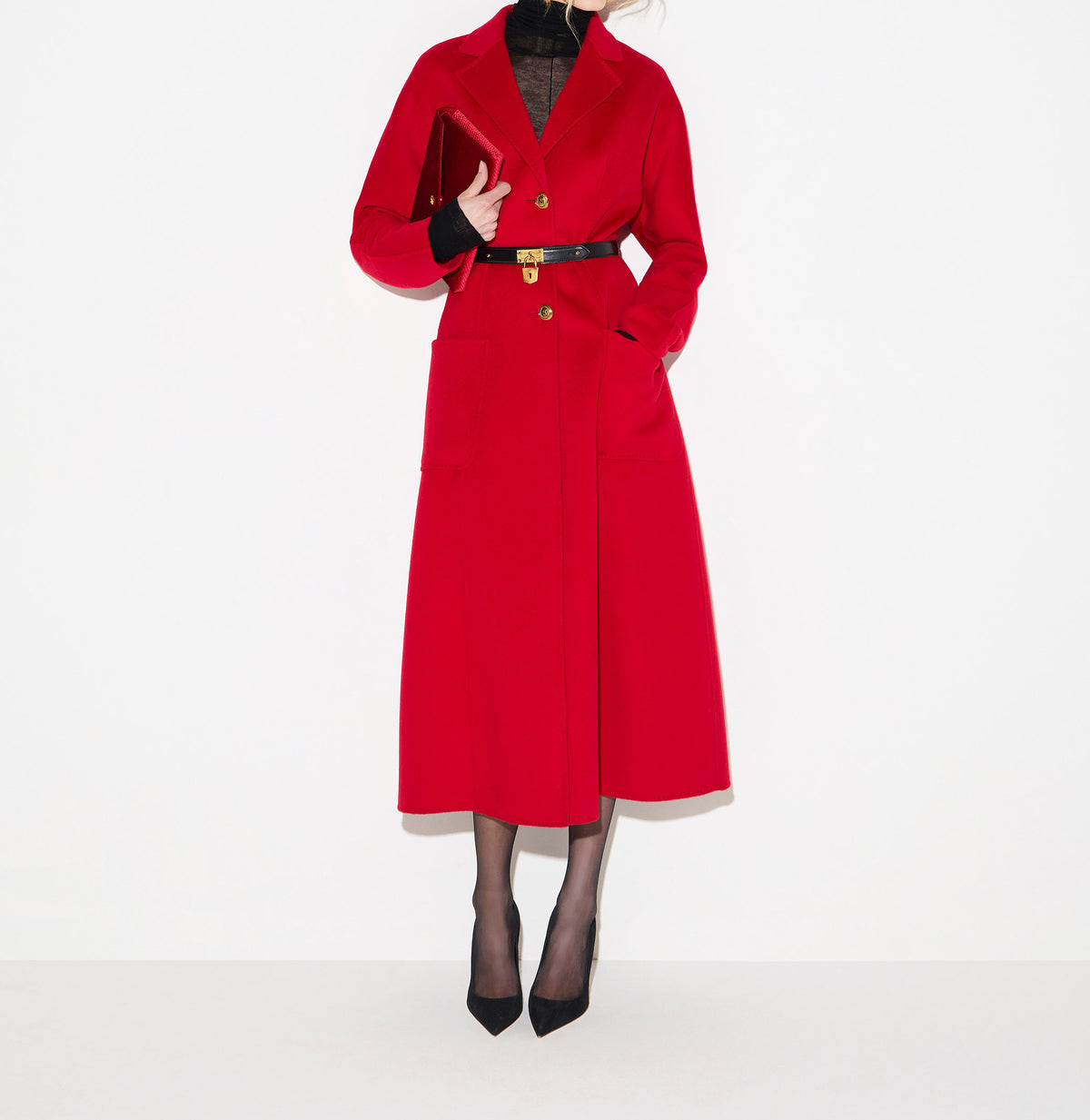ELISABETTA FRANCHI Cappotto Panno Double di Lana Cintura-Red Passion
