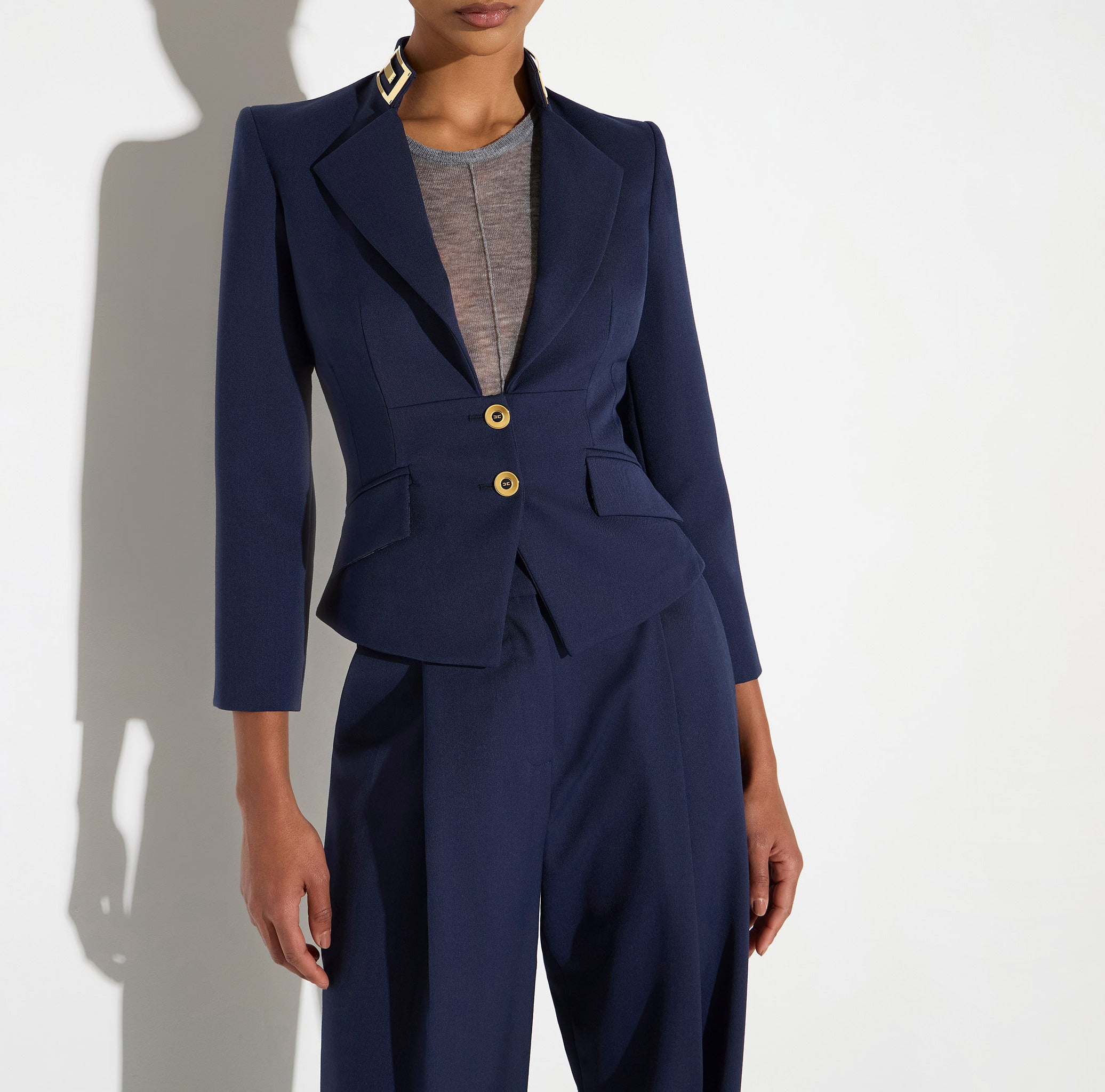 ELISABETTA FRANCHI Giacca Gabardina Colletto Gioiello-Navy