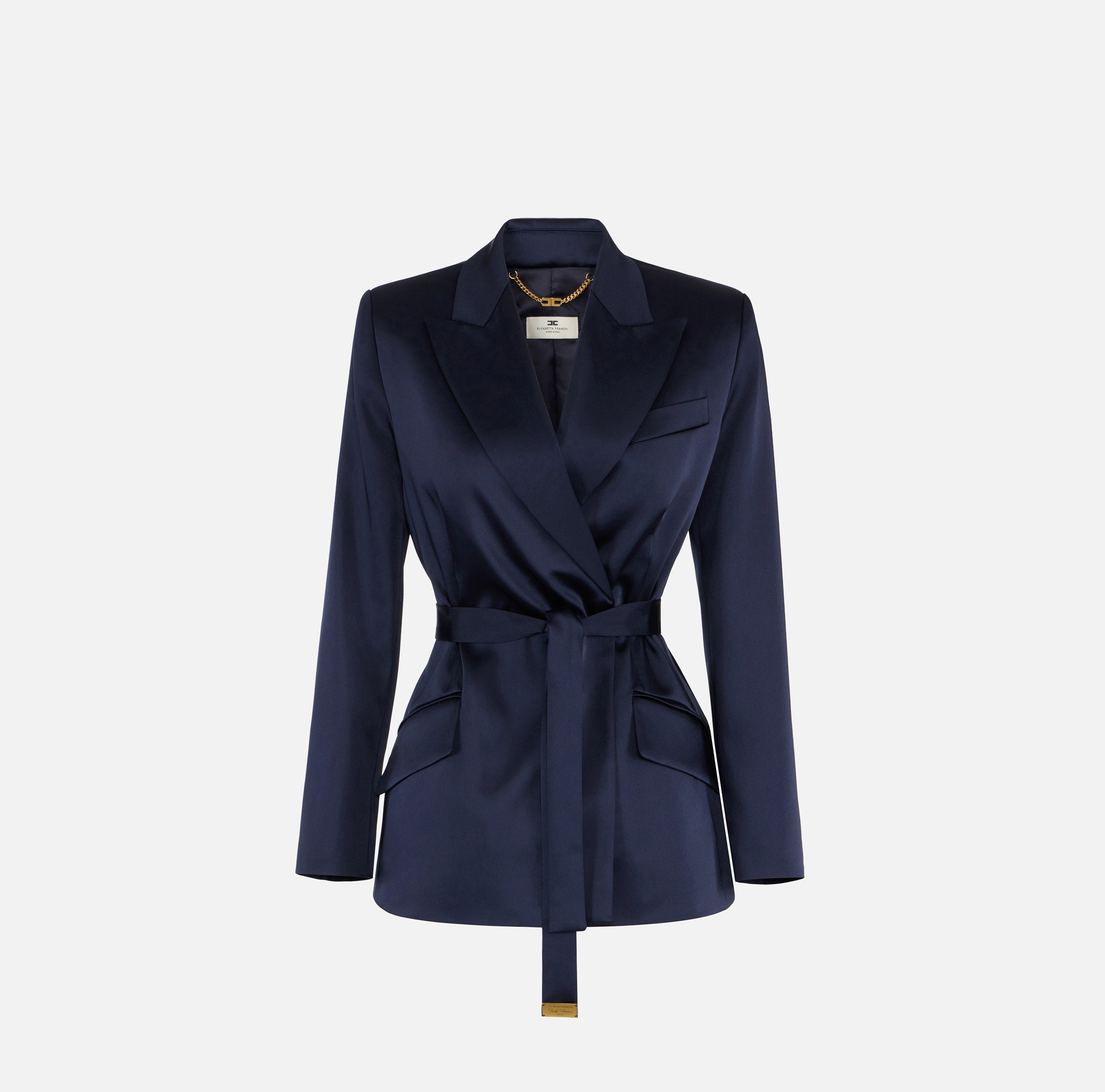 ELISABETTA FRANCHI Giacca Raso Stretch Cintura-Blu Notte