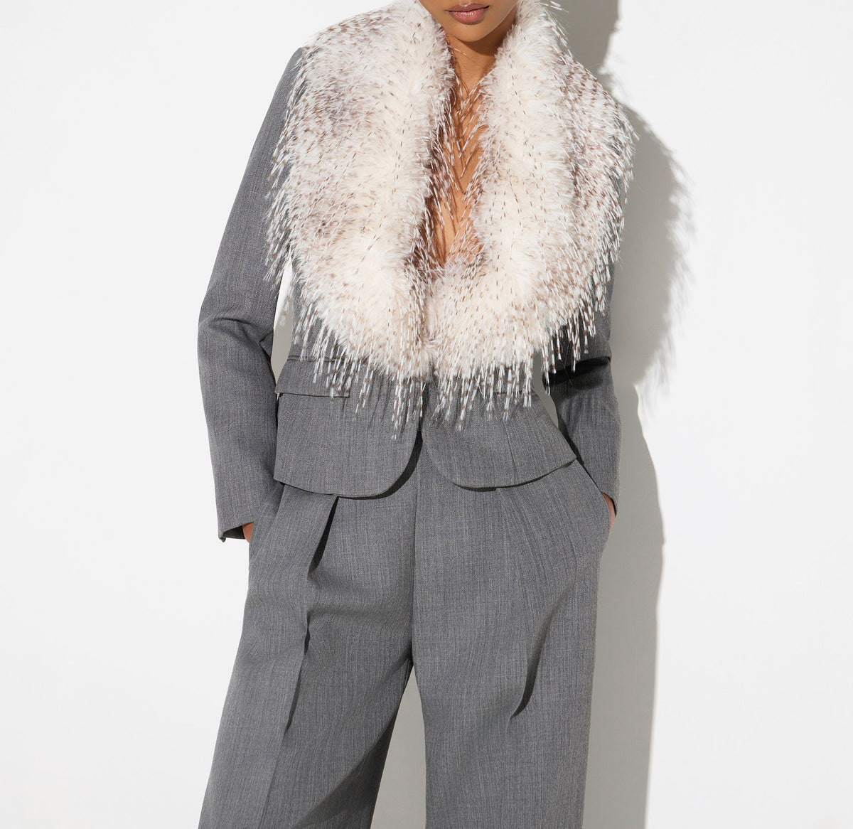 ELISABETTA FRANCHI Giacca Lana Collo Ecopelliccia-Grigio Melange