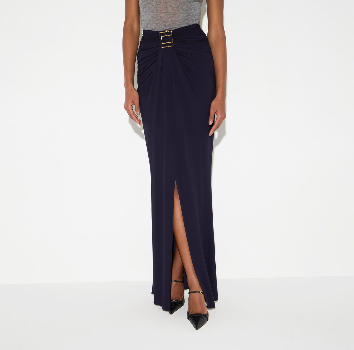 ELISABETTA FRANCHI Gonna Lunga jersey crêpe Placca Logo-Blu Notte