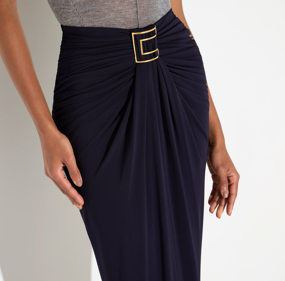 ELISABETTA FRANCHI Gonna Lunga jersey crêpe Placca Logo-Blu Notte