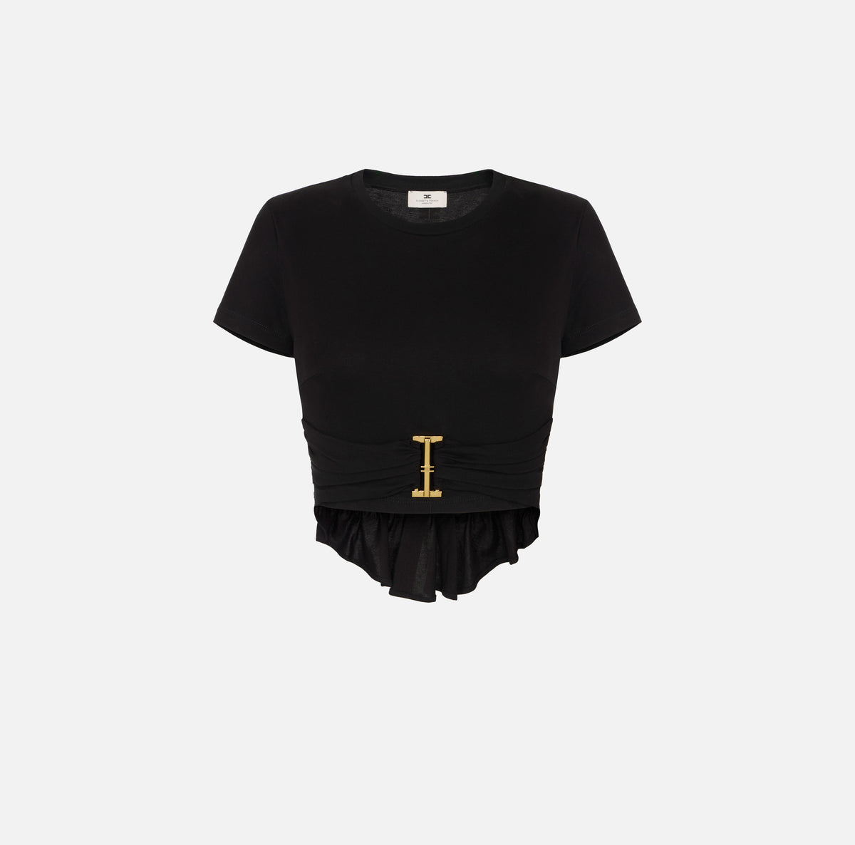 ELISABETTA FRANCHI T-Shirt Jersey Cotone Logo Drappeggio-Nero