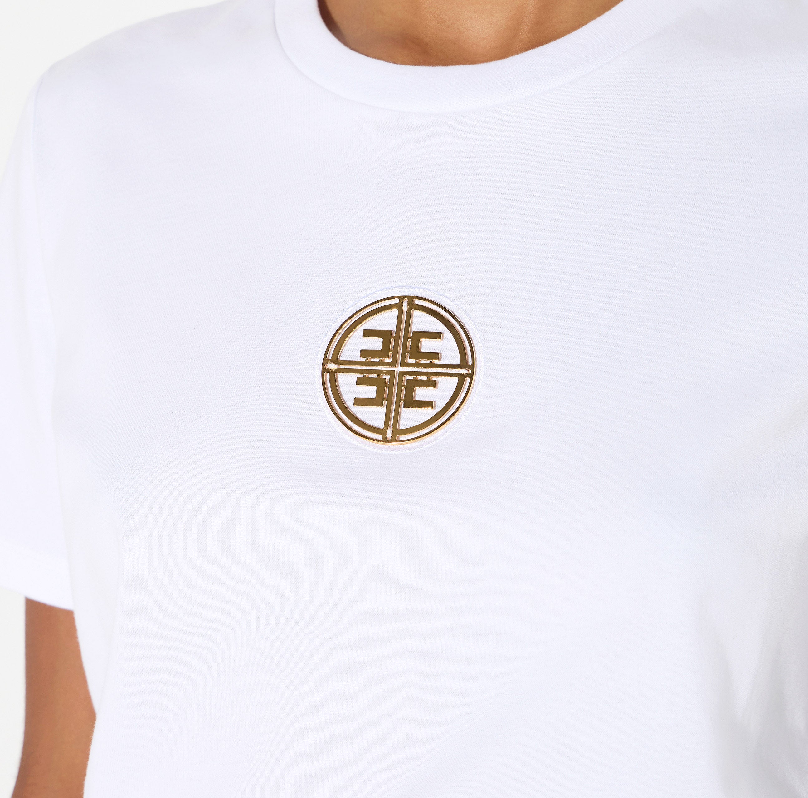 ELISABETTA FRANCHI T-Shirt Jersey Cotone Placca Logo Oblò-Gesso