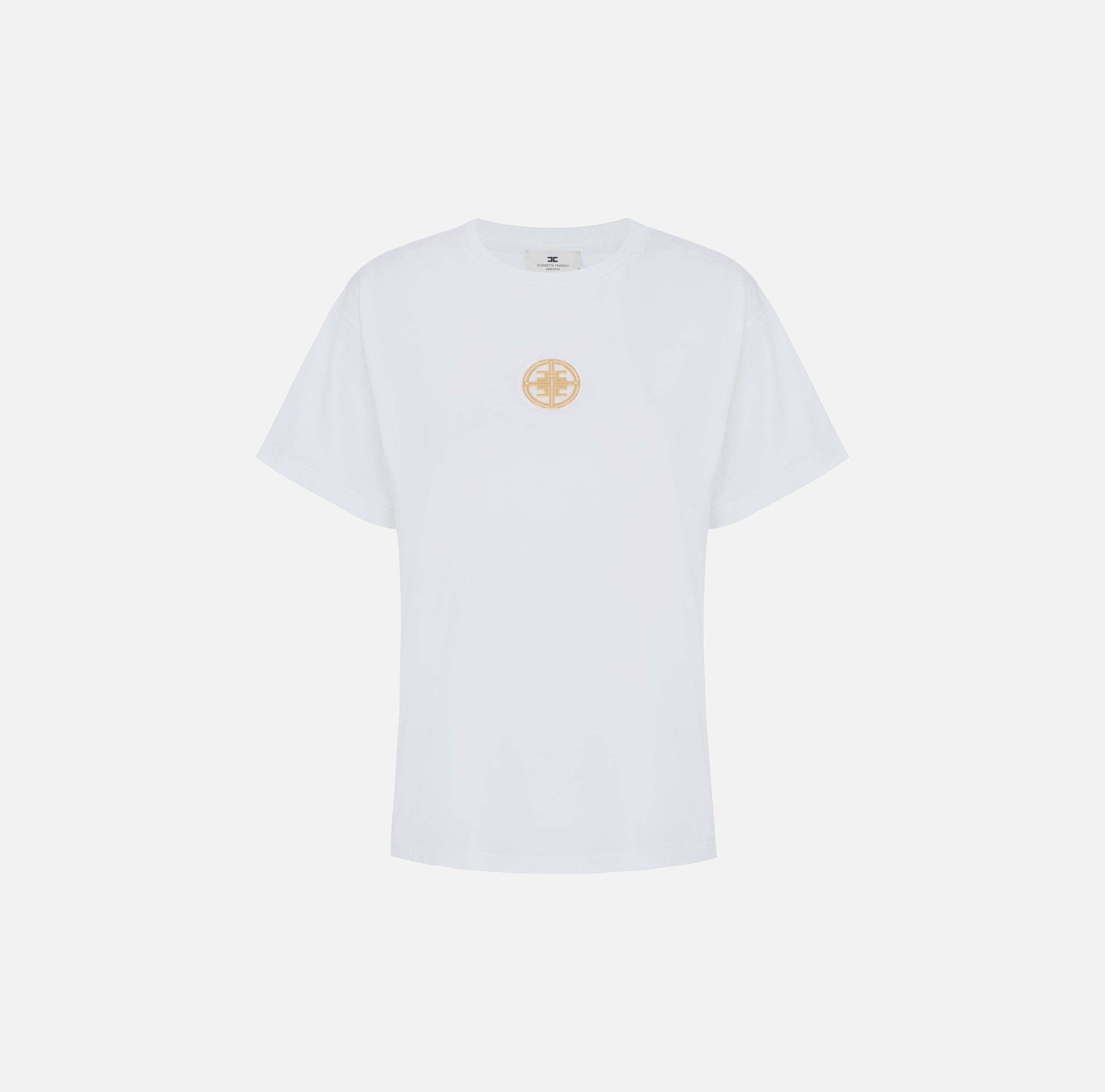 ELISABETTA FRANCHI T-Shirt Jersey Cotone Placca Logo Oblò-Gesso
