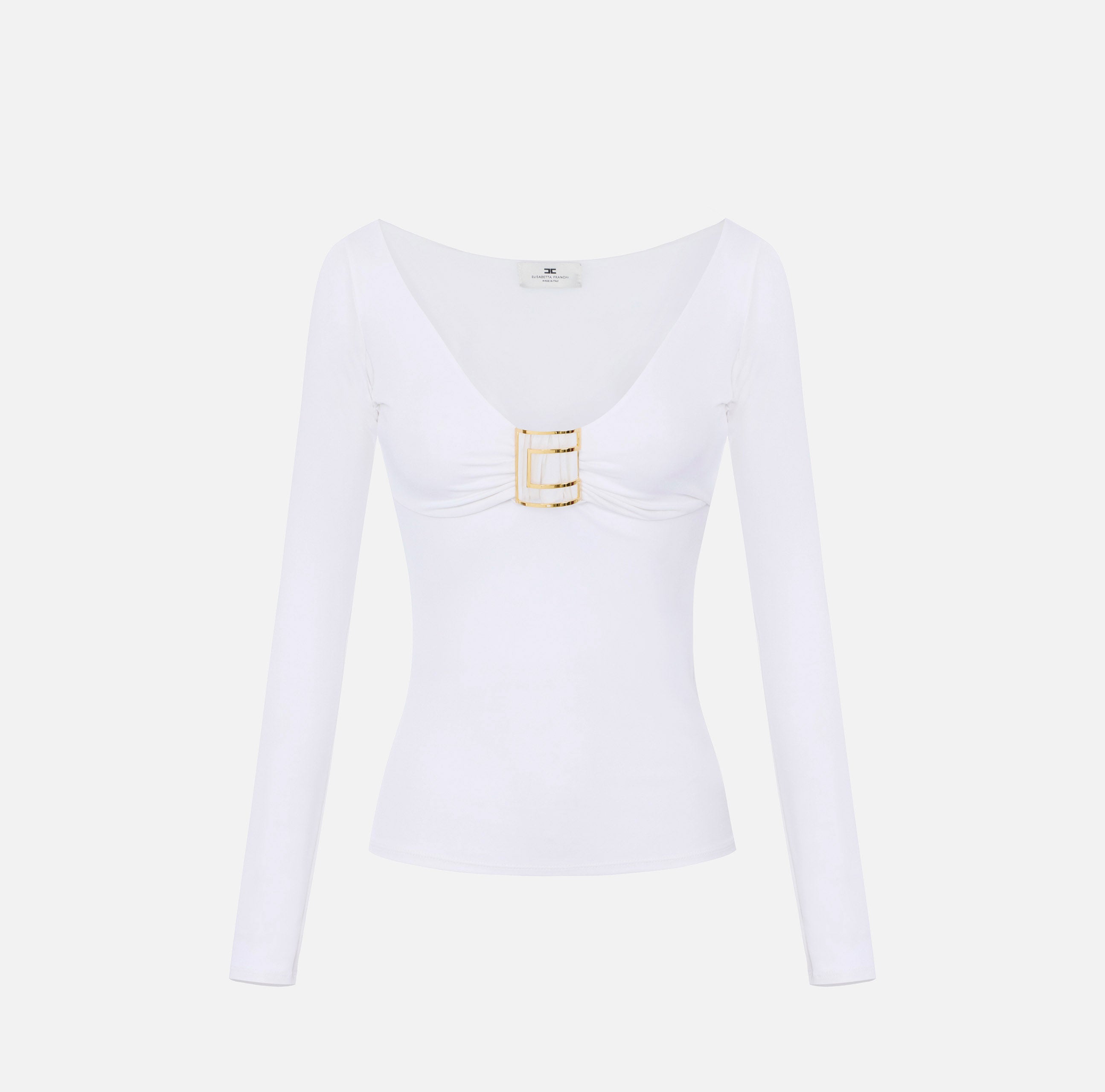 ELISABETTA FRANCHI Maglia Jersey Viscosa Placca Logo-Avorio