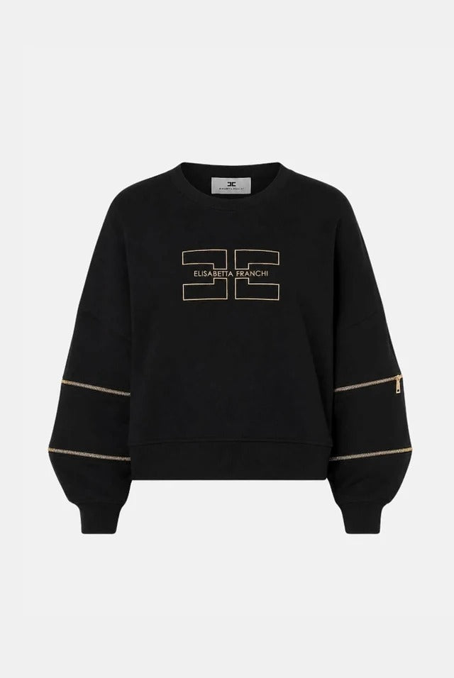 ELISABETTA FRANCHI Felpa Cotone Dettaglio Zip-Nero