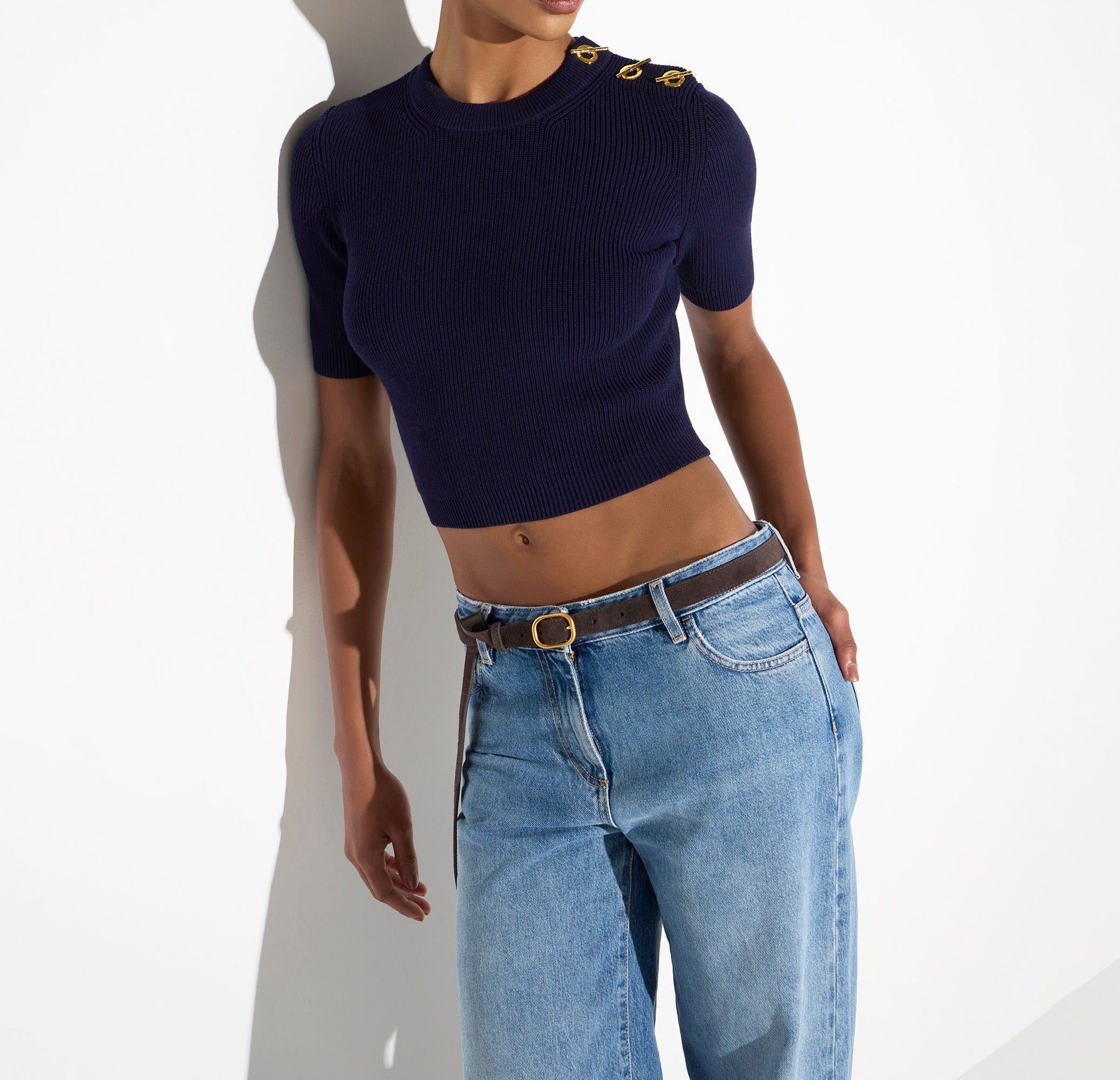 ELISABETTA FRANCHI Maglia Cropped T-Bar-Blu Notte