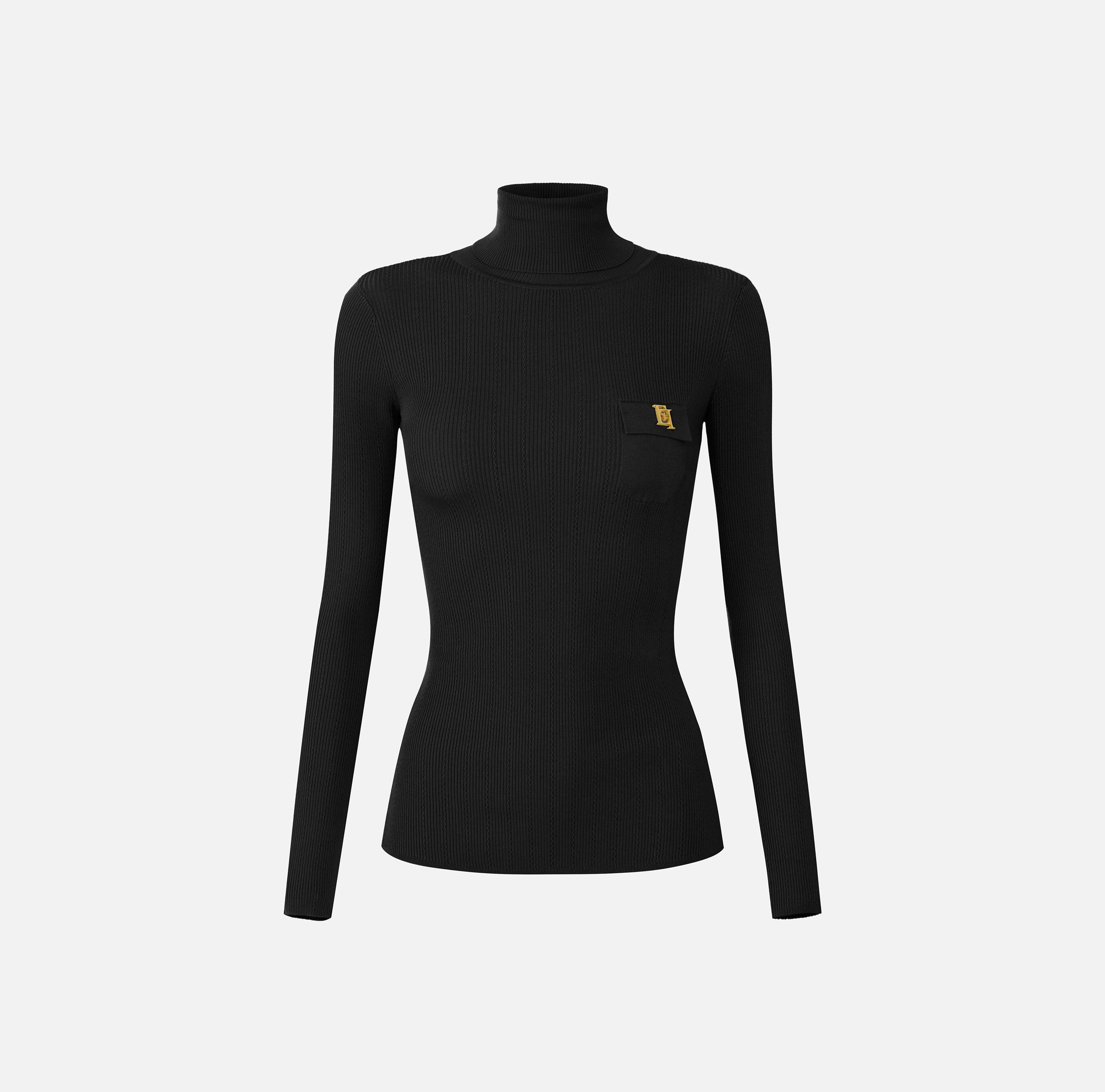 ELISABETTA FRANCHI Maglia Dolcevita Costine Taschino Logo-Nero