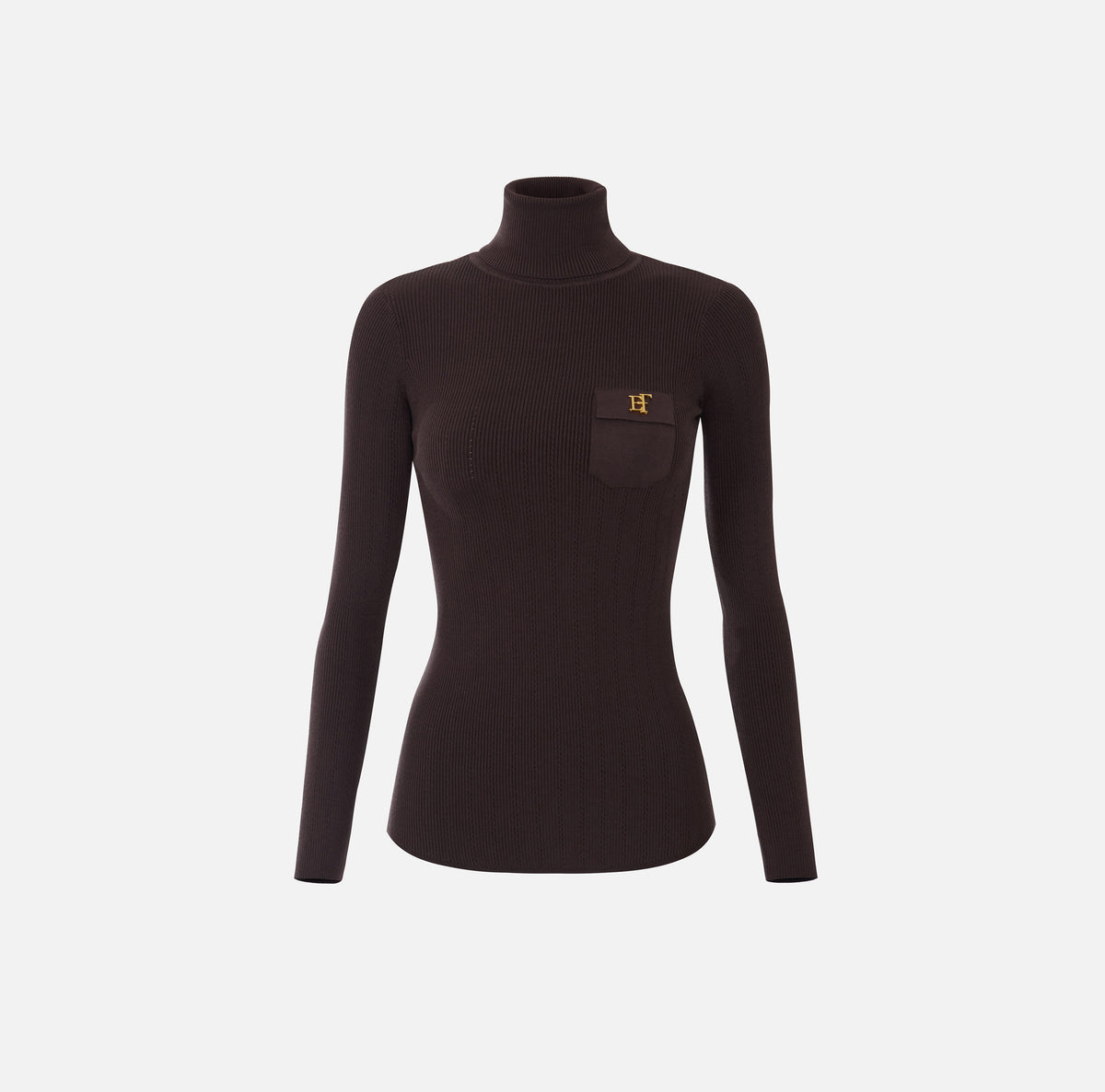 ELISABETTA FRANCHI Maglia Dolcevita Costine Taschino Logo-Dark Chocolate
