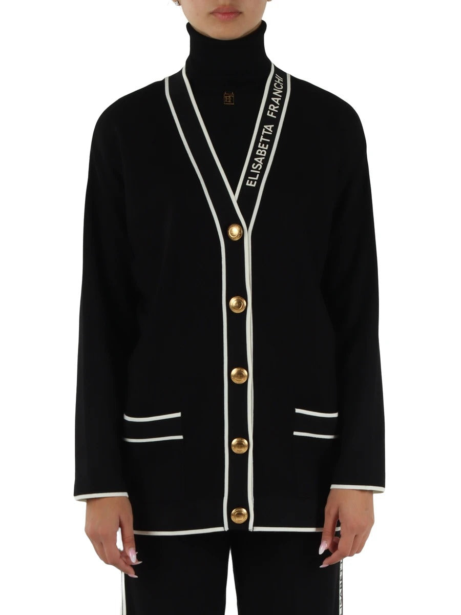 ELISABETTA FRANCHI Cardigan Maglia Viscosa Slogan-Nero/Burro