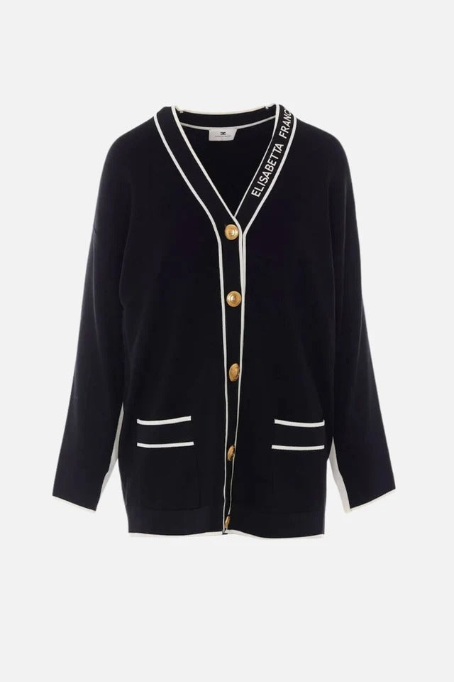 ELISABETTA FRANCHI Cardigan Maglia Viscosa Slogan-Nero/Burro