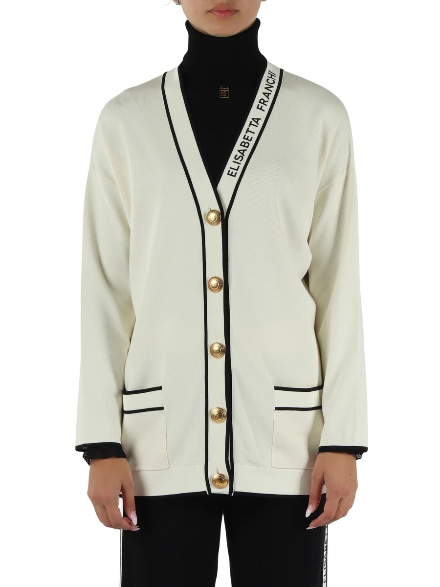 ELISABETTA FRANCHI Cardigan Maglia Viscosa Slogan-Burro/Nero