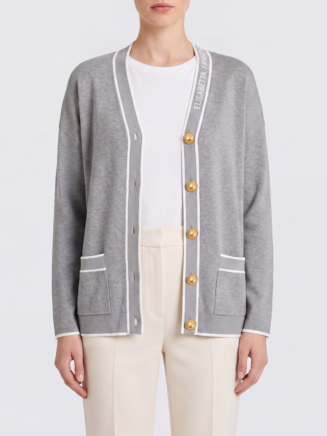 ELISABETTA FRANCHI Cardigan Maglia Viscosa Slogan-Grigio/Avorio