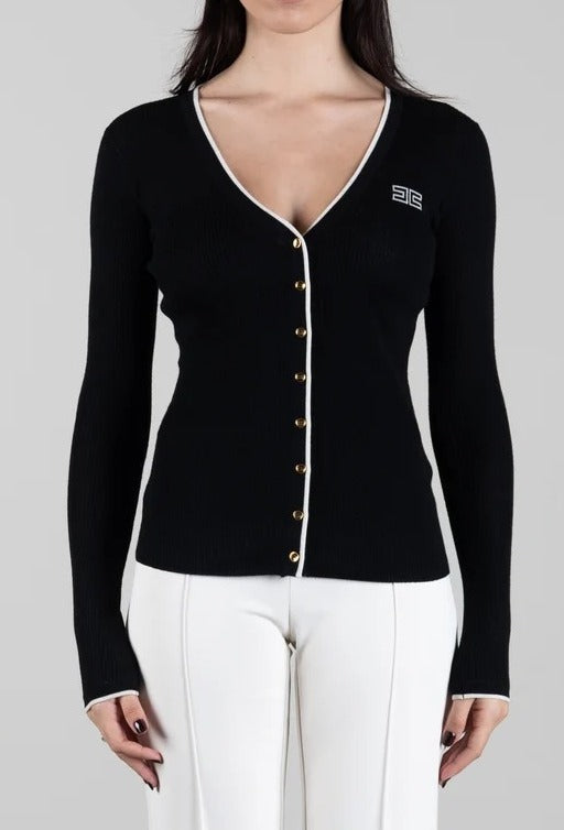 ELISABETTA FRANCHI Cardigan Maglia Costine-Nero/Burro