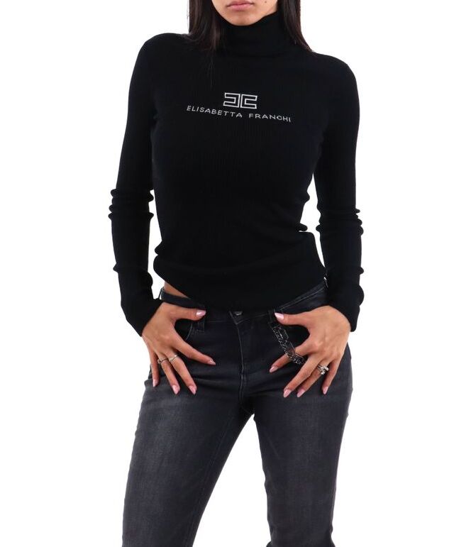 ELISABETTA FRANCHI Maglia Dolcevita Costine Logo-Nero/Burro