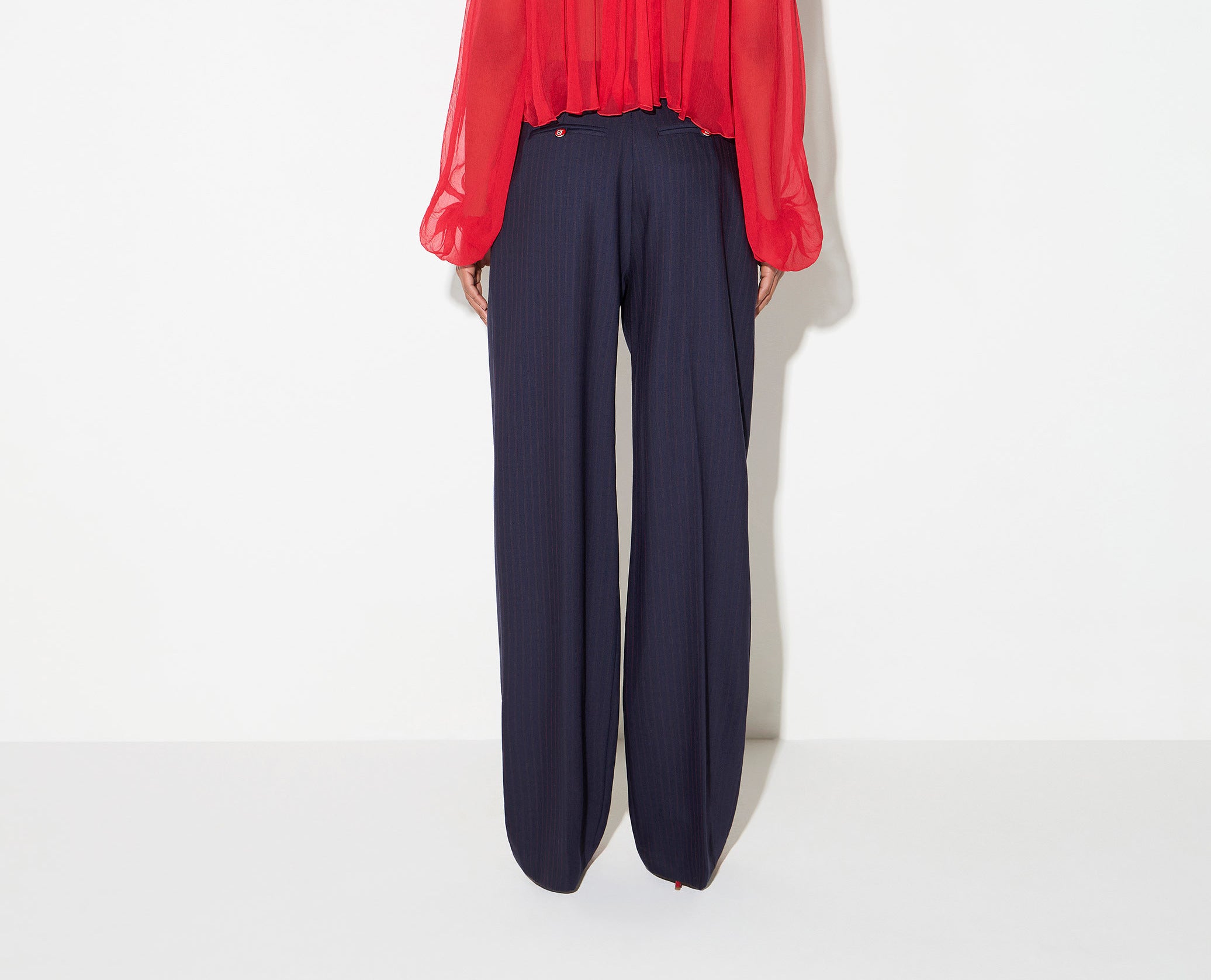 ELISABETTA FRANCHI Pantalone Palazzo Fresco Lana Gessato-Blu Notte/Red Passion