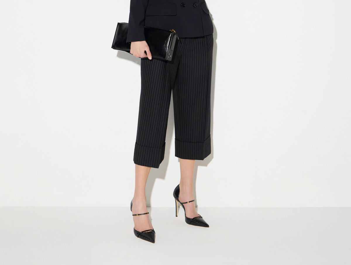 ELISABETTA FRANCHI Pantalone Fresco Lana Gessato-Dark Chocolate/Glass