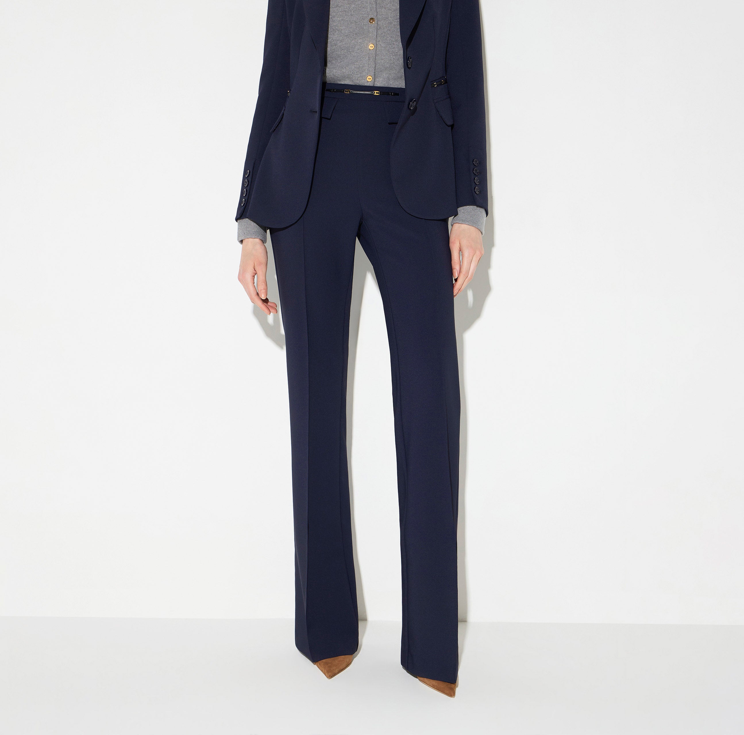ELISABETTA FRANCHI Pantalone Palazzo doppio crêpe Morsetto Logo-Blu Notte