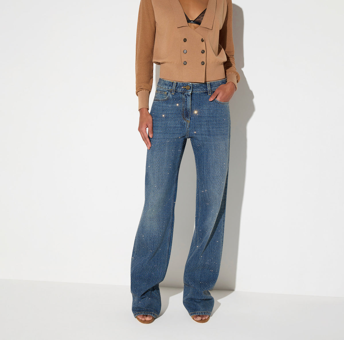 ELISABETTA FRANCHI Jeans Palazzo Denim Strass-Blue Vintage