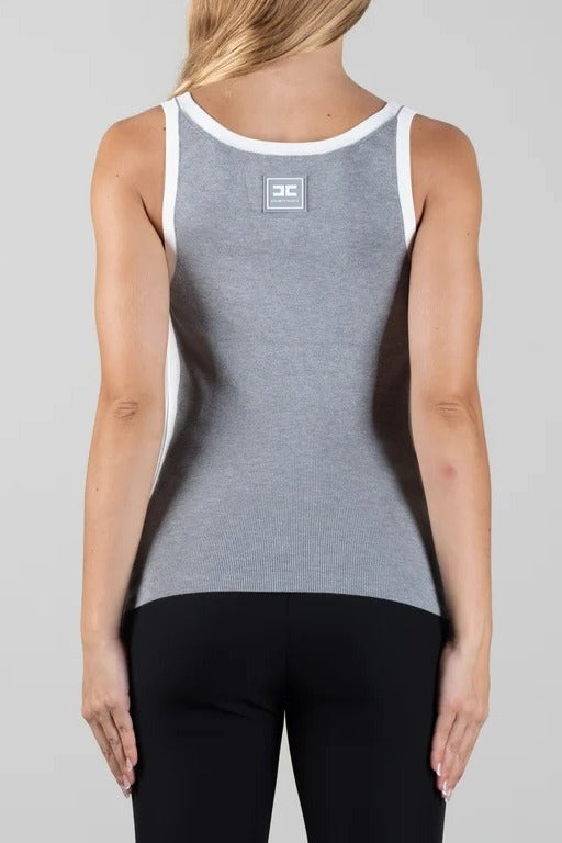 ELISABETTA FRANCHI Canotta Costine Banda Logo-Grigio Melange/Avorio