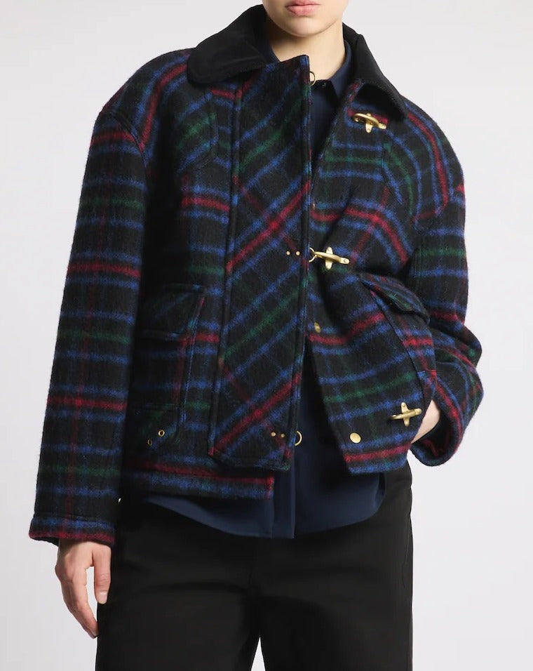 FAY BOMBER Donna 3 GANCI Panno Lana Tartan-Blu/Rosso