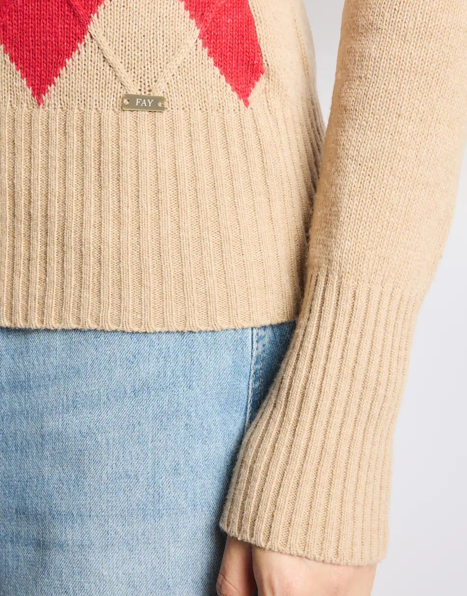 FAY Pullover Donna Lana Cashmere Rombi-Beige/Rosso
