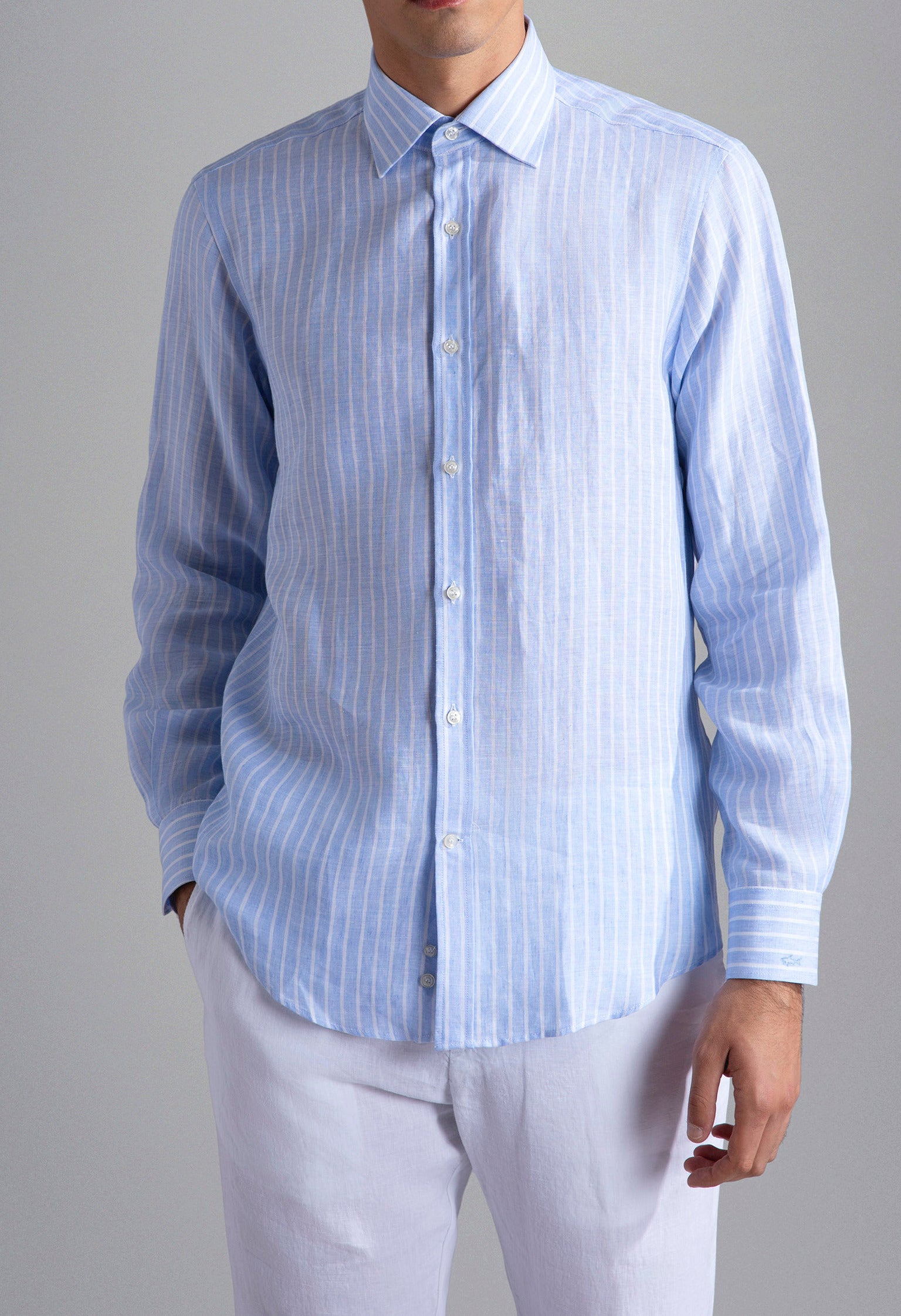 PAUL & SHARK Camicia Uomo Lino Righe-Azzurro Bianco