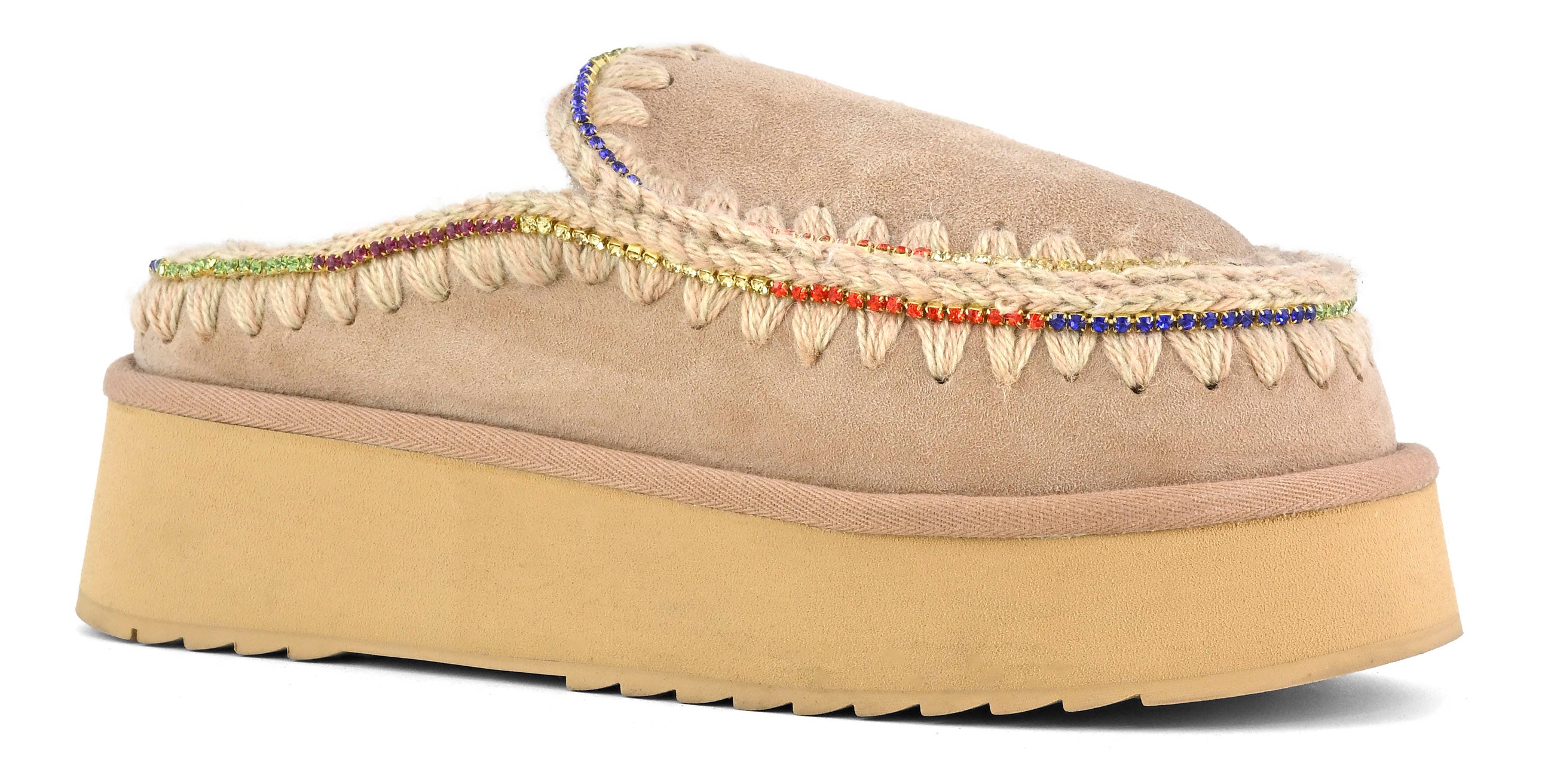 MOU Ciabatta Donna Clog Eskimo Platform Rhinestones-Camel