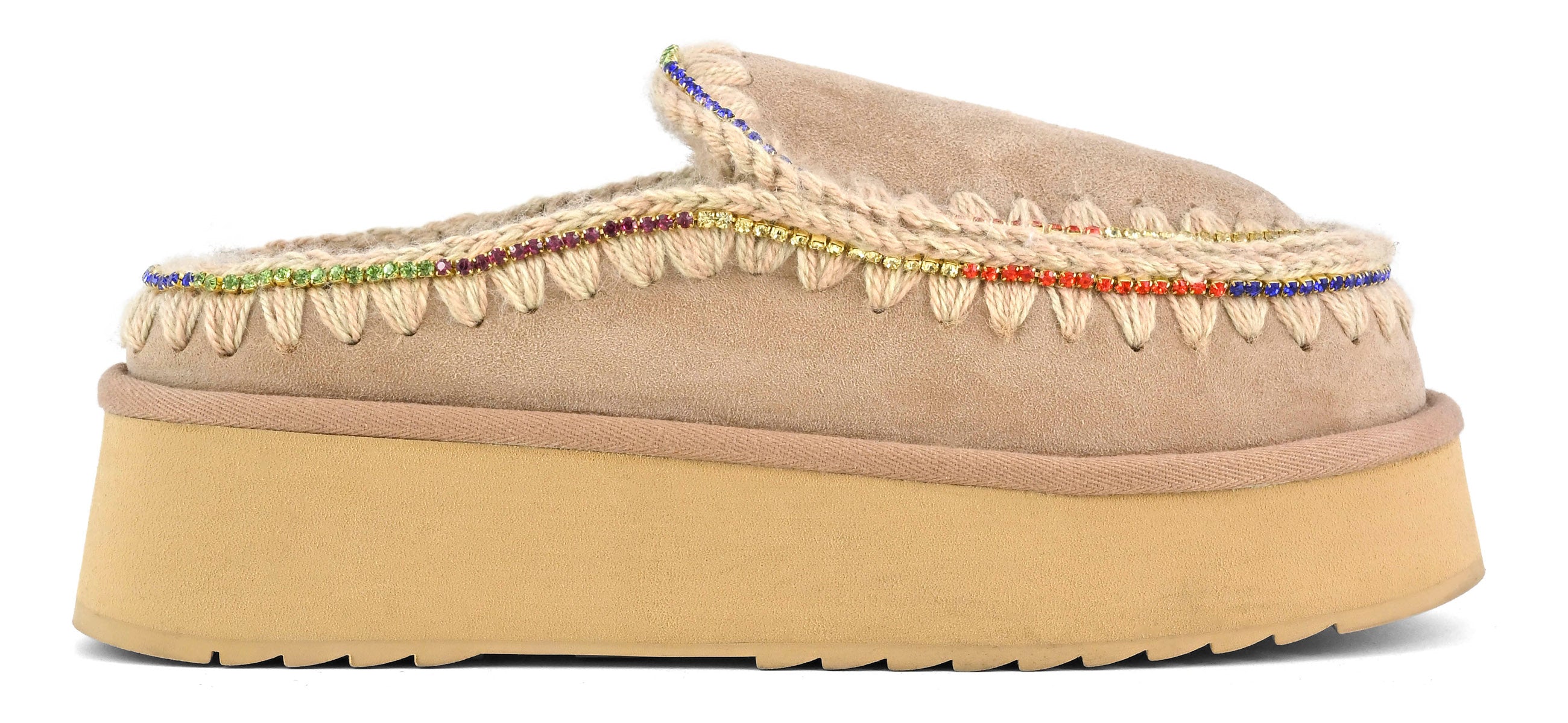 MOU Ciabatta Donna Clog Eskimo Platform Rhinestones-Camel
