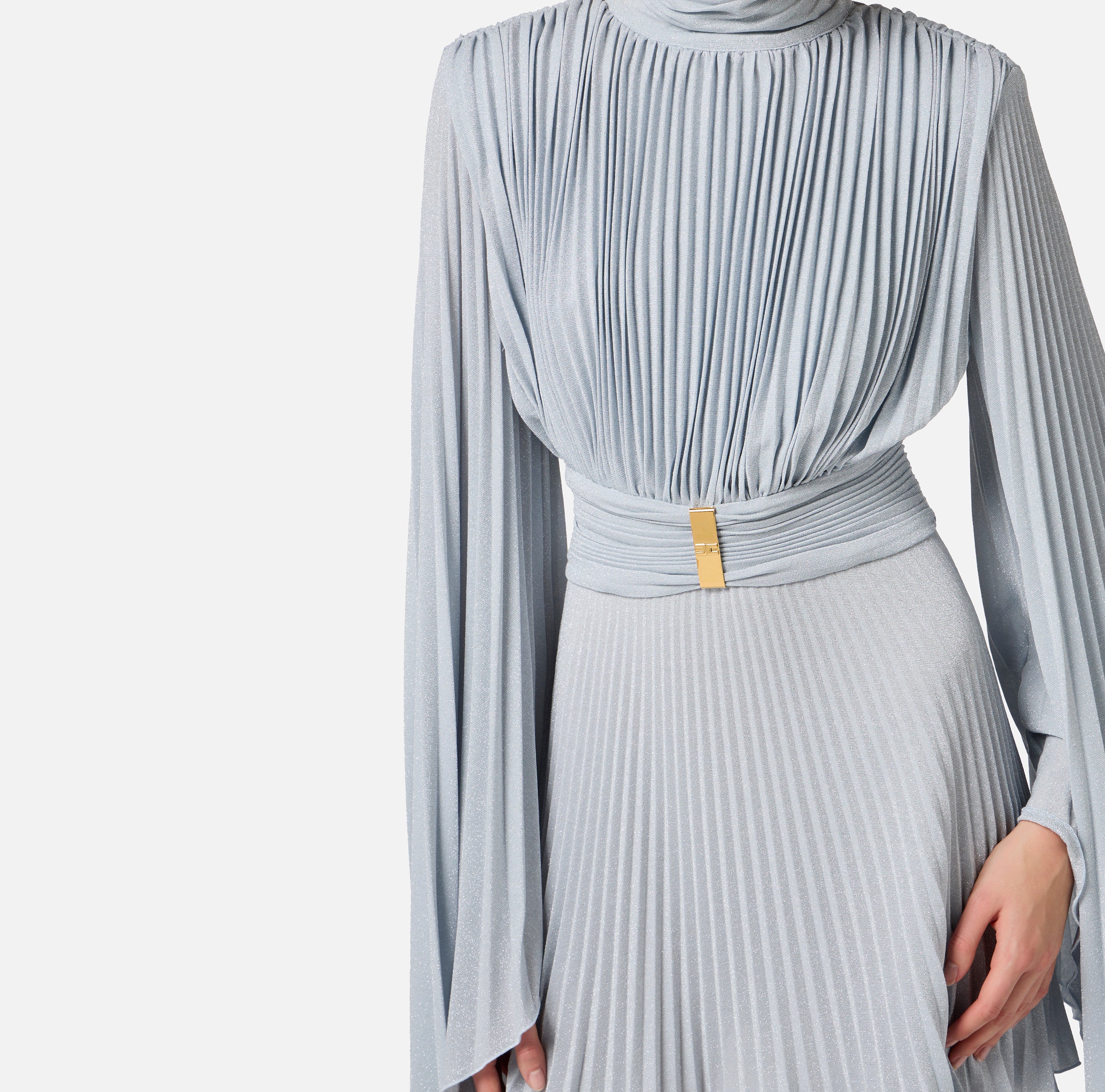 ELISABETTA FRANCHI Abito Corto Jersey Lurex Plissettato-Sky Blue